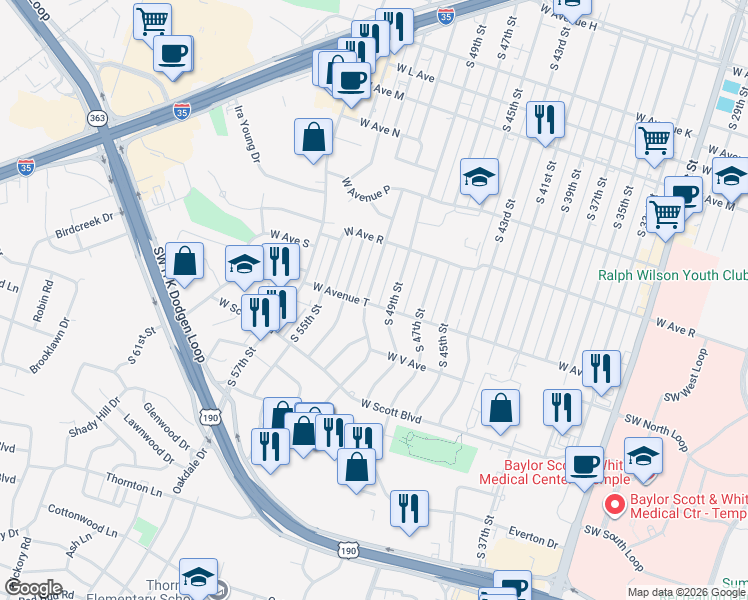 map of restaurants, bars, coffee shops, grocery stores, and more near 1925 South 51st Street in Temple
