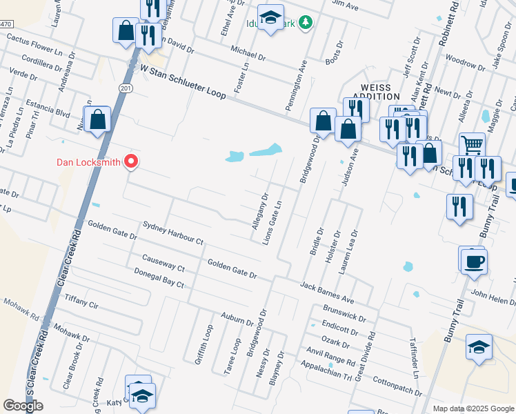 map of restaurants, bars, coffee shops, grocery stores, and more near 4601 Lookout Mountain Lane in Killeen