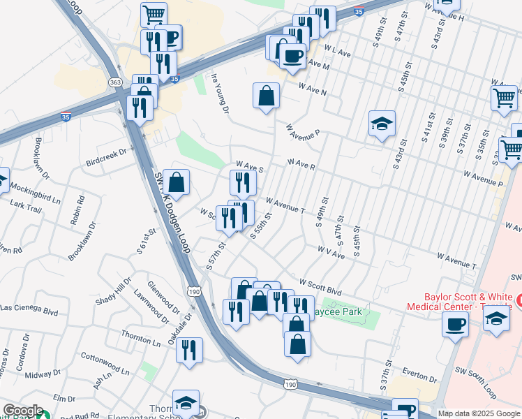 map of restaurants, bars, coffee shops, grocery stores, and more near 2028 South 55th Street in Temple
