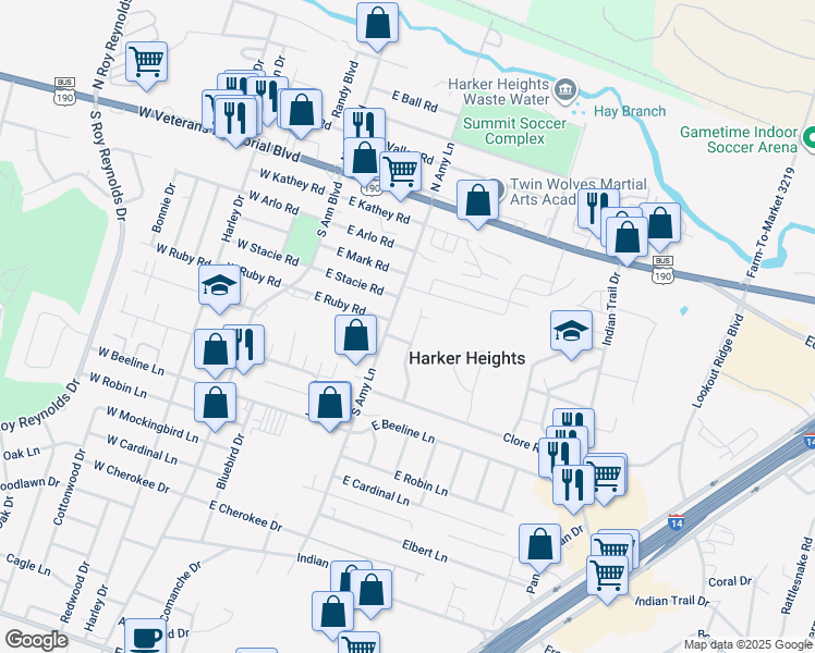 map of restaurants, bars, coffee shops, grocery stores, and more near 408 Brittney Way in Harker Heights