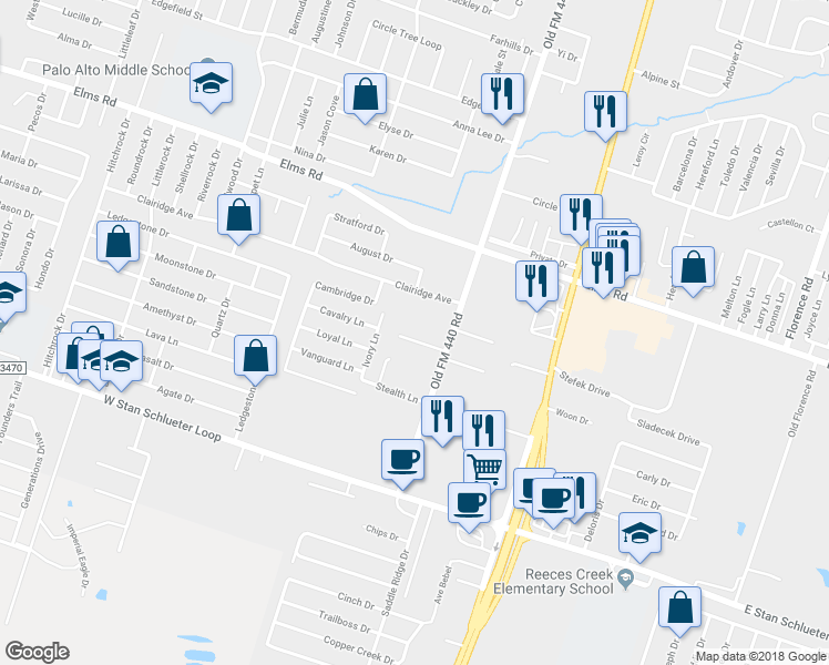 map of restaurants, bars, coffee shops, grocery stores, and more near 1103 Lansberry Court in Killeen