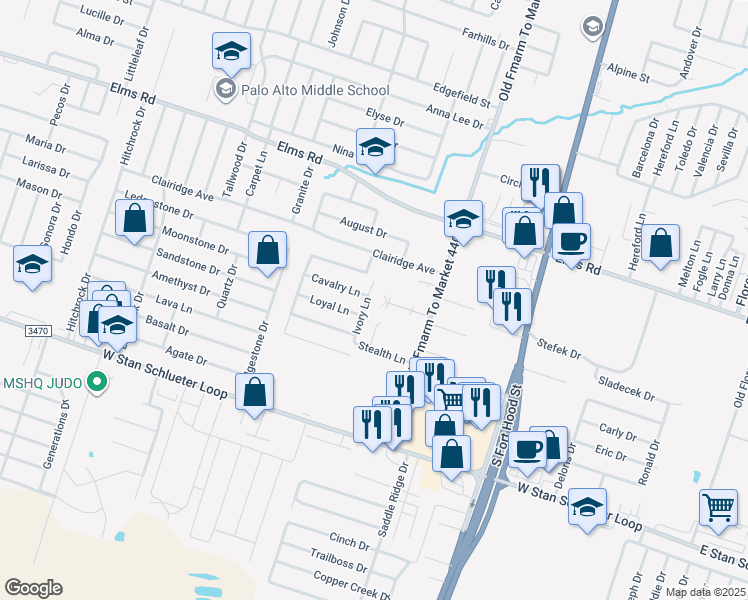 map of restaurants, bars, coffee shops, grocery stores, and more near 1103 Lansberry Court in Killeen