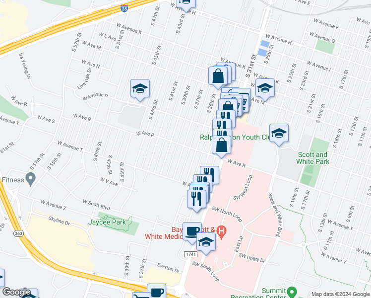 map of restaurants, bars, coffee shops, grocery stores, and more near 1801 South 37th Street in Temple