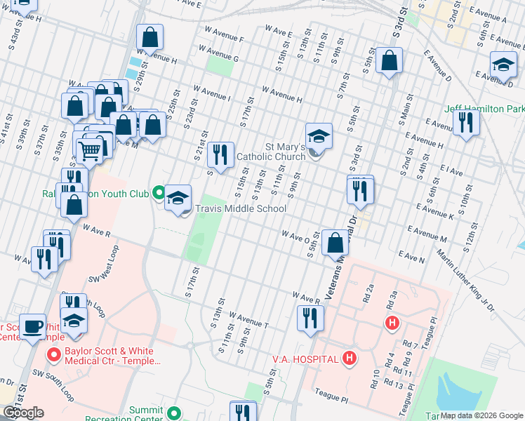 map of restaurants, bars, coffee shops, grocery stores, and more near 1405 South 13th Street in Temple