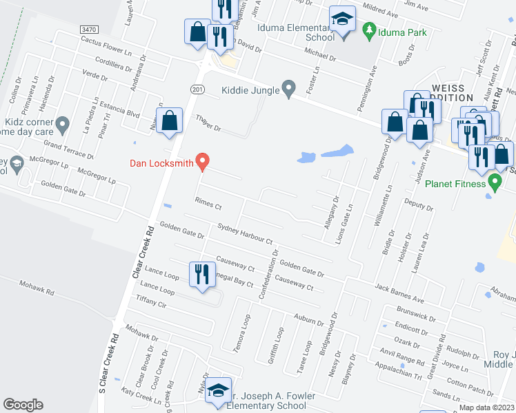 map of restaurants, bars, coffee shops, grocery stores, and more near 5002 Green Meadow Street in Killeen