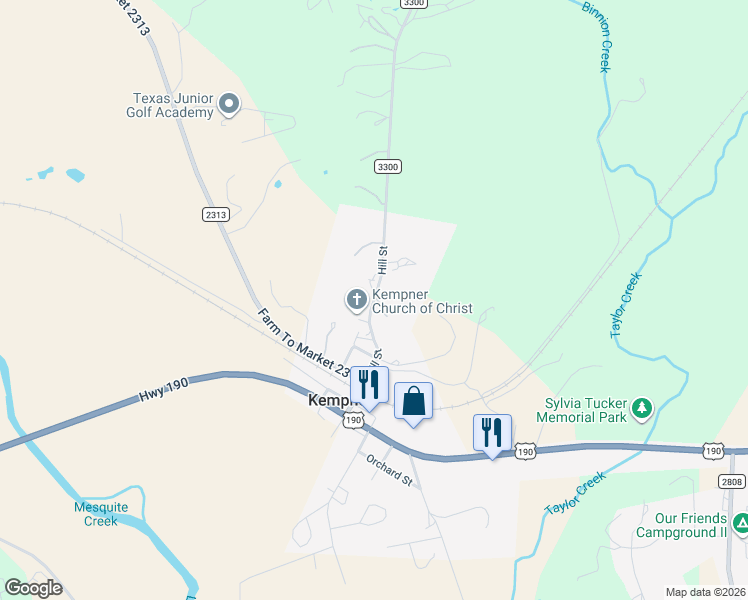map of restaurants, bars, coffee shops, grocery stores, and more near County Road 3300 in Kempner