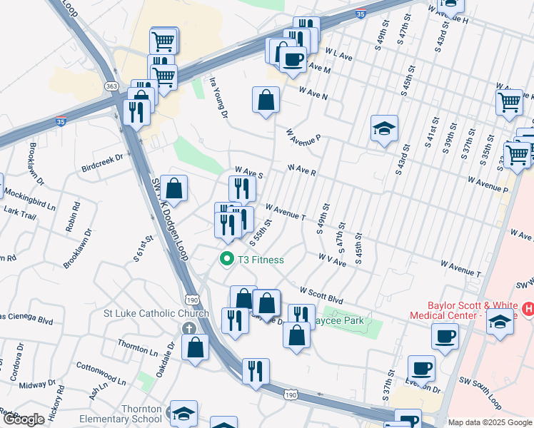 map of restaurants, bars, coffee shops, grocery stores, and more near 2008 South 55th Street in Temple