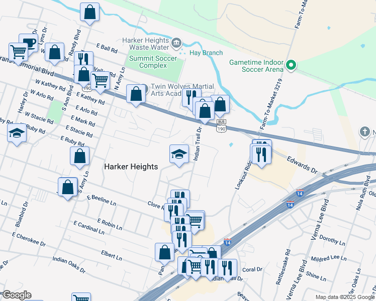 map of restaurants, bars, coffee shops, grocery stores, and more near 401 Justin Lane in Harker Heights