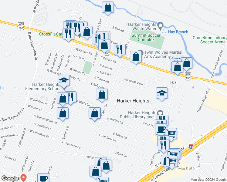 map of restaurants, bars, coffee shops, grocery stores, and more near 408 Brittney Way in Harker Heights
