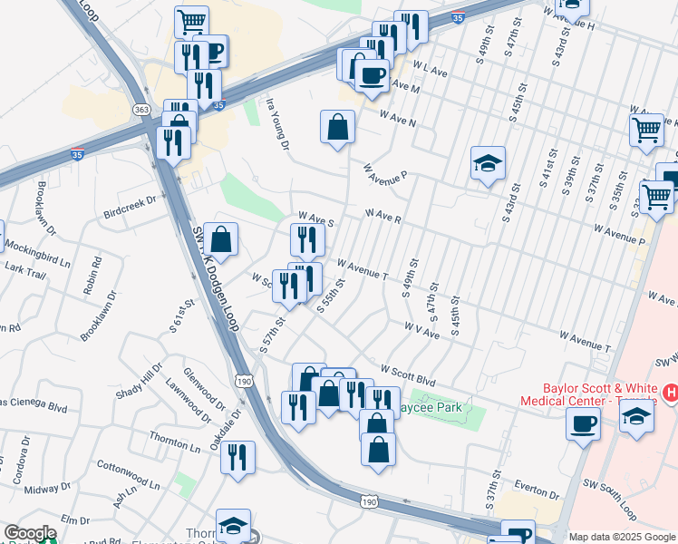 map of restaurants, bars, coffee shops, grocery stores, and more near 2028 South 55th Street in Temple