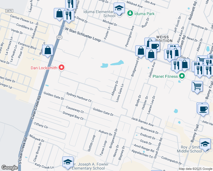 map of restaurants, bars, coffee shops, grocery stores, and more near 4701 Lookout Mountain Lane in Killeen