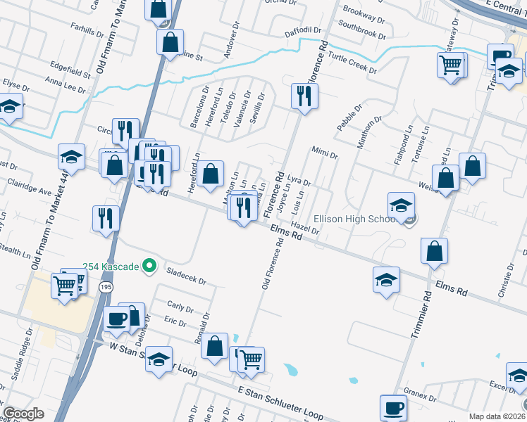 map of restaurants, bars, coffee shops, grocery stores, and more near 305 West Elms Road in Killeen
