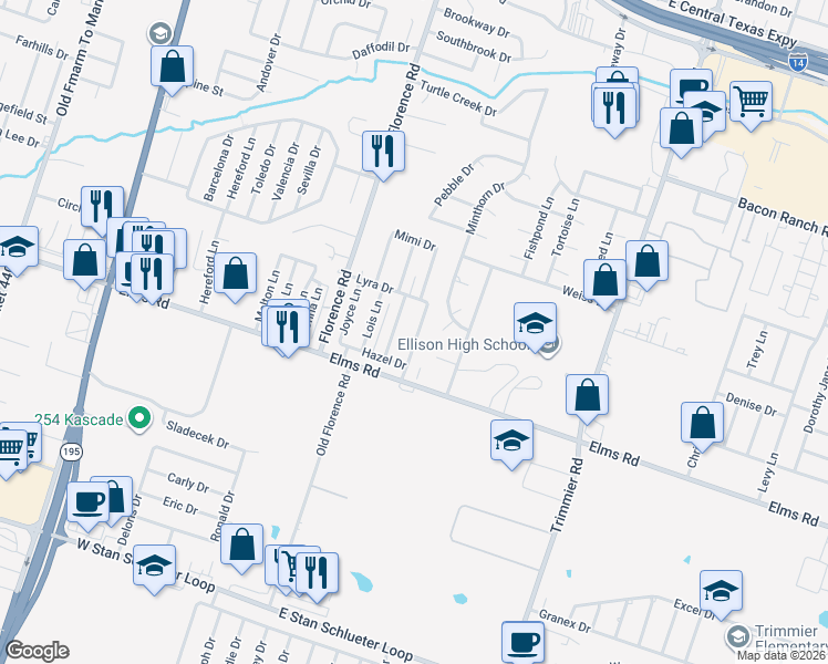 map of restaurants, bars, coffee shops, grocery stores, and more near 150 Rosie Lane in Killeen