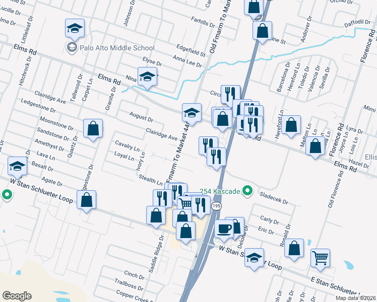 map of restaurants, bars, coffee shops, grocery stores, and more near 1107 Shanarae Circle in Killeen