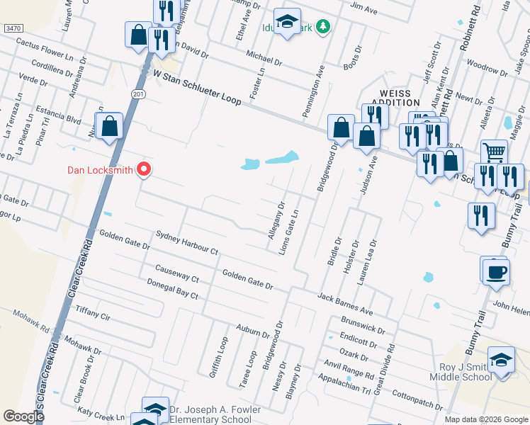 map of restaurants, bars, coffee shops, grocery stores, and more near 4601 Lookout Mountain Lane in Killeen
