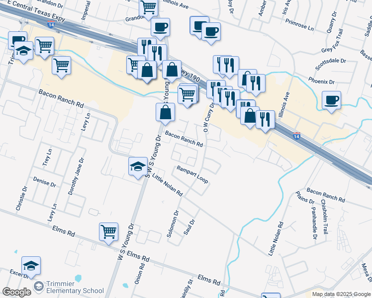 map of restaurants, bars, coffee shops, grocery stores, and more near 2502 Bacon Ranch Road in Killeen