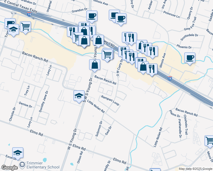map of restaurants, bars, coffee shops, grocery stores, and more near 2502 Bacon Ranch Road in Killeen