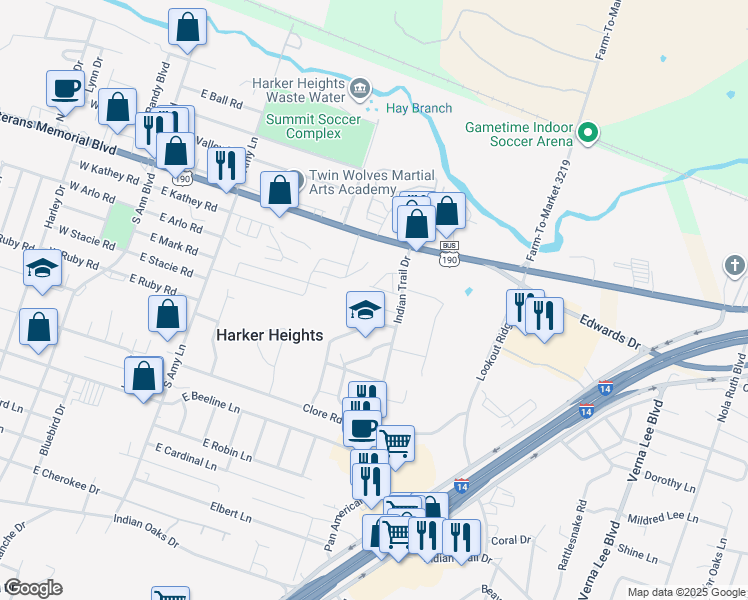 map of restaurants, bars, coffee shops, grocery stores, and more near 412 Justin Lane in Harker Heights