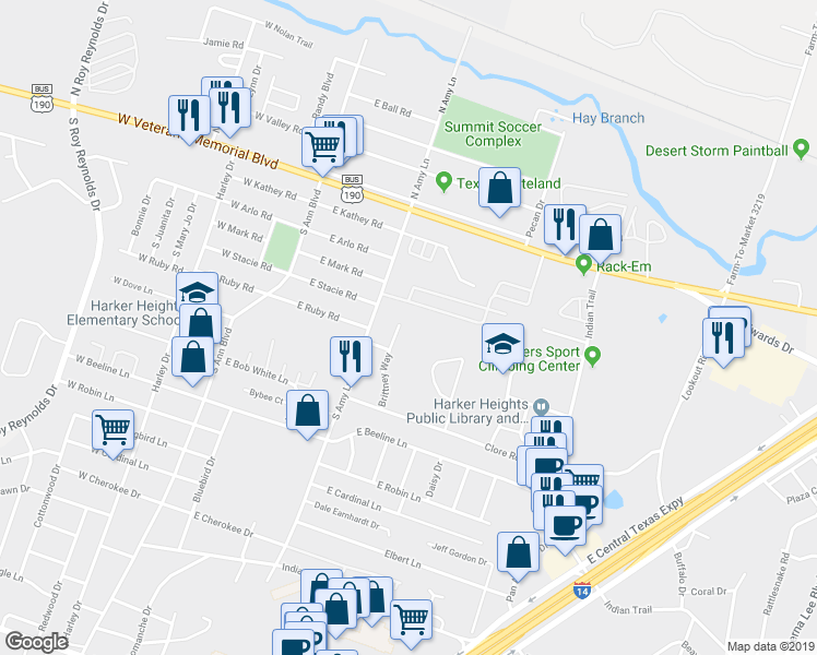 map of restaurants, bars, coffee shops, grocery stores, and more near 403 Brittney Way in Harker Heights