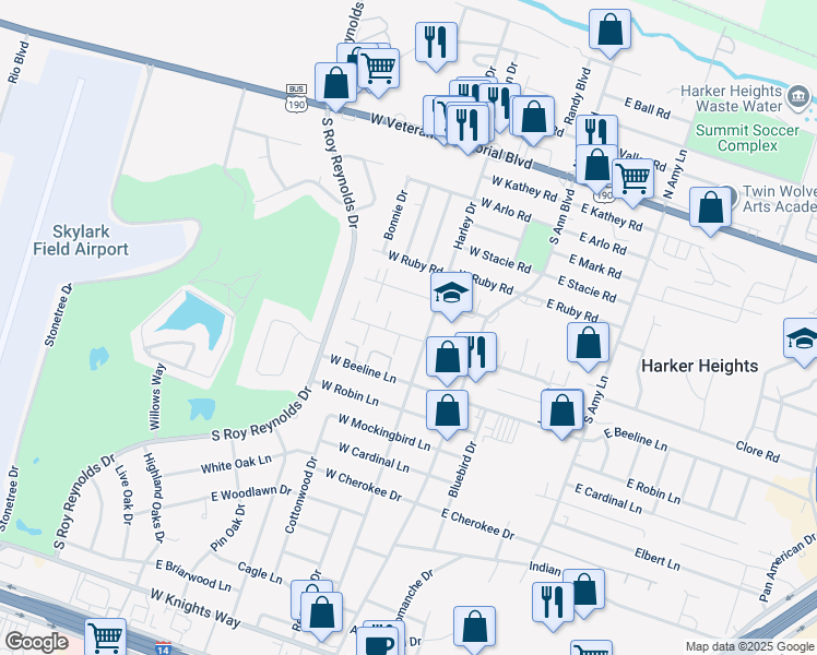map of restaurants, bars, coffee shops, grocery stores, and more near 203 West Bobwhite Lane in Harker Heights