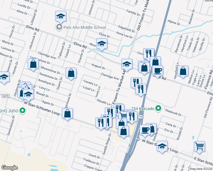 map of restaurants, bars, coffee shops, grocery stores, and more near 1103 Lansberry Court in Killeen