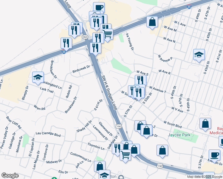 map of restaurants, bars, coffee shops, grocery stores, and more near 2100 South 61st Street in Temple