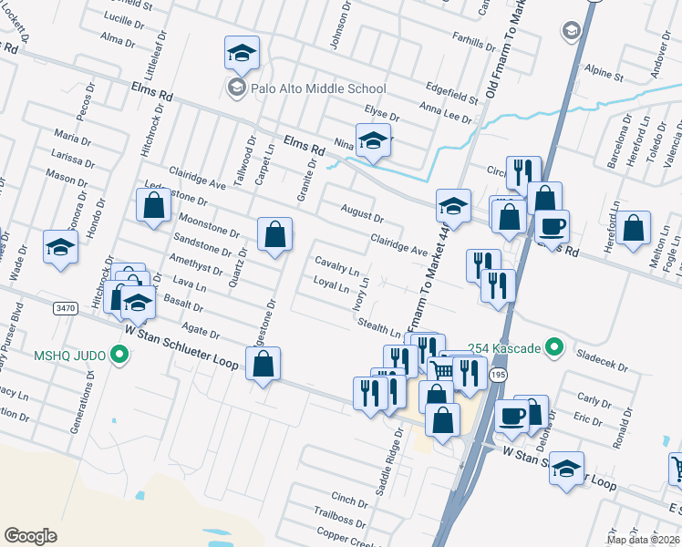 map of restaurants, bars, coffee shops, grocery stores, and more near 1203 Loyal Lane in Killeen