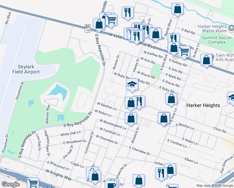 map of restaurants, bars, coffee shops, grocery stores, and more near 203 West Bobwhite Lane in Harker Heights