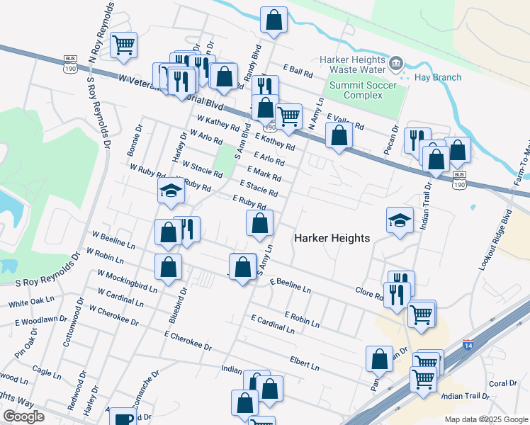 map of restaurants, bars, coffee shops, grocery stores, and more near 130 East Ruby Road in Harker Heights