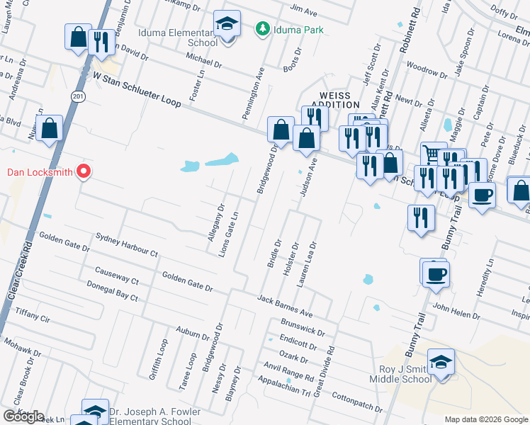 map of restaurants, bars, coffee shops, grocery stores, and more near 5109 Williamette Lane in Killeen