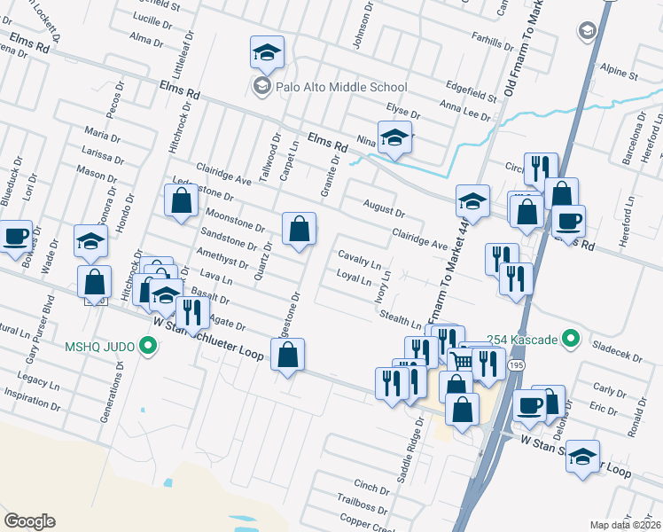 map of restaurants, bars, coffee shops, grocery stores, and more near 1304 Loyal Lane in Killeen