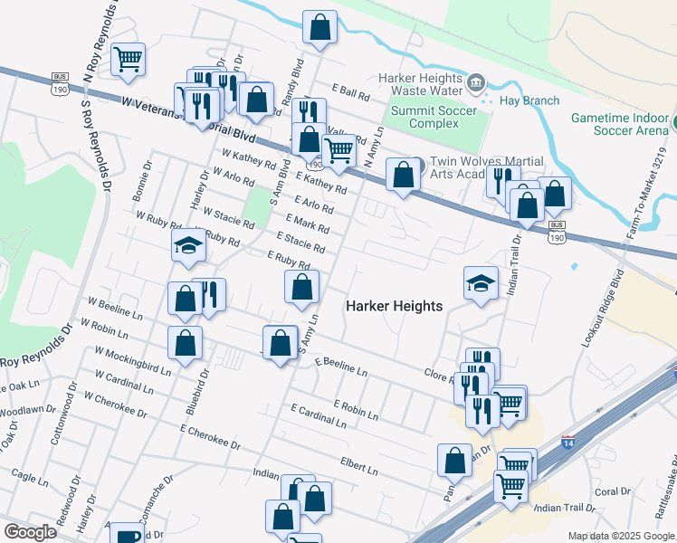map of restaurants, bars, coffee shops, grocery stores, and more near 408 Brittney Way in Harker Heights