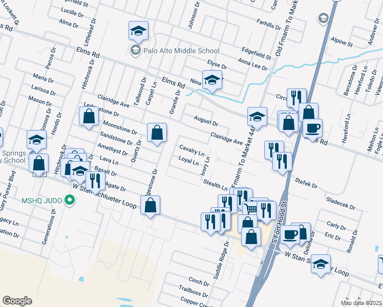 map of restaurants, bars, coffee shops, grocery stores, and more near 1300 Cavalry Lane in Killeen