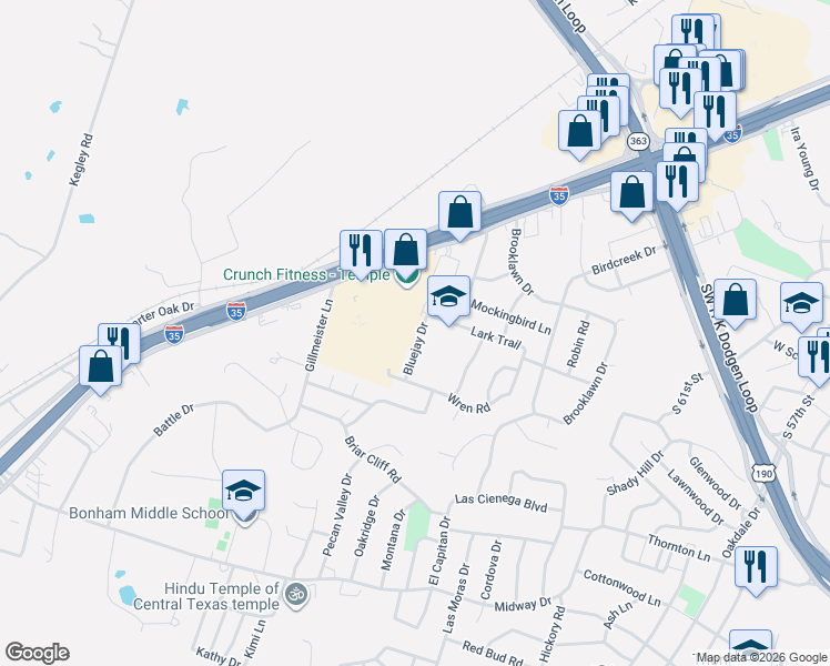 map of restaurants, bars, coffee shops, grocery stores, and more near 2514 Blue Jay Drive in Temple