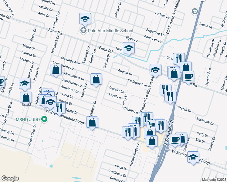 map of restaurants, bars, coffee shops, grocery stores, and more near 1304 Loyal Lane in Killeen