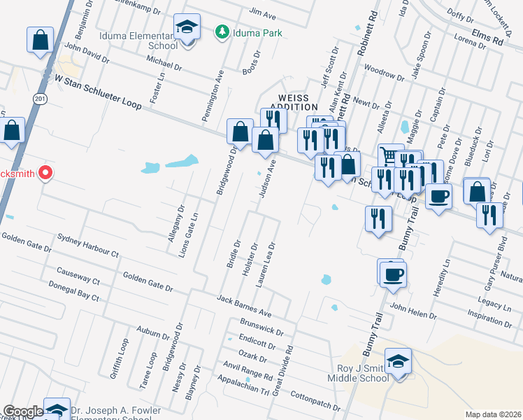 map of restaurants, bars, coffee shops, grocery stores, and more near 5100 Holster Drive in Killeen