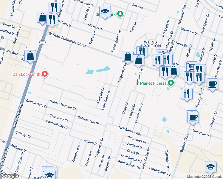 map of restaurants, bars, coffee shops, grocery stores, and more near 5200 Lions Gate Lane in Killeen