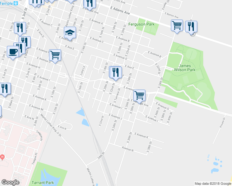 map of restaurants, bars, coffee shops, grocery stores, and more near 805 South 22nd Street in Temple