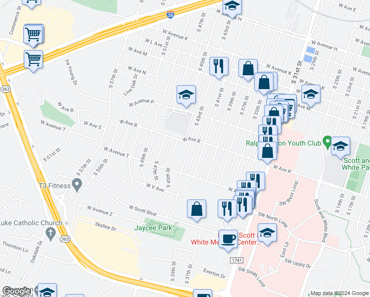 map of restaurants, bars, coffee shops, grocery stores, and more near 1901 South 43rd Street in Temple