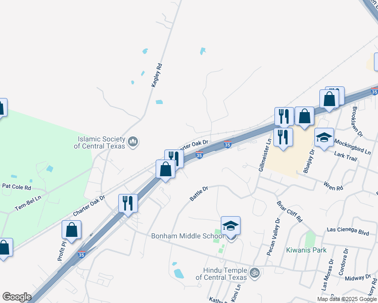 map of restaurants, bars, coffee shops, grocery stores, and more near 5120 South General Bruce Drive in Temple