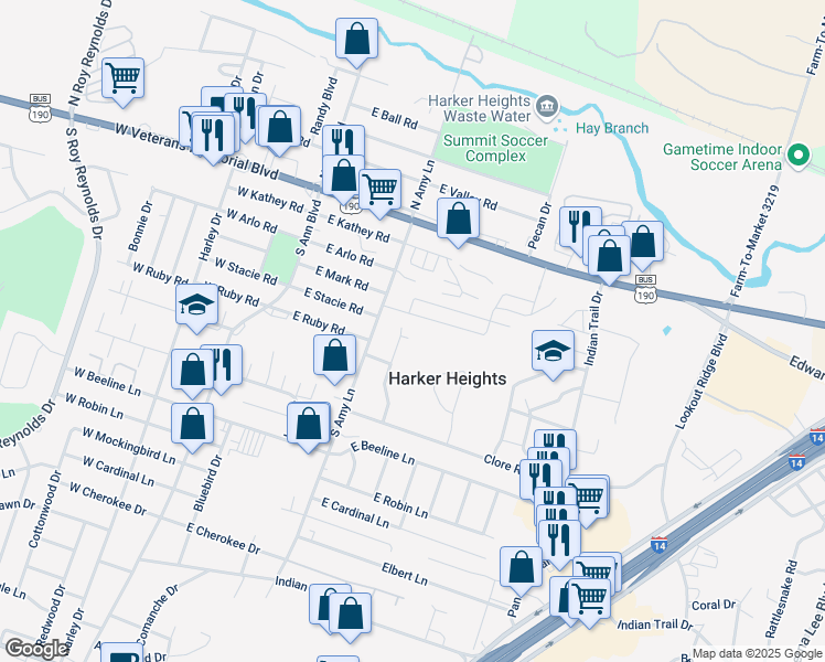 map of restaurants, bars, coffee shops, grocery stores, and more near 403 Brittney Way in Harker Heights