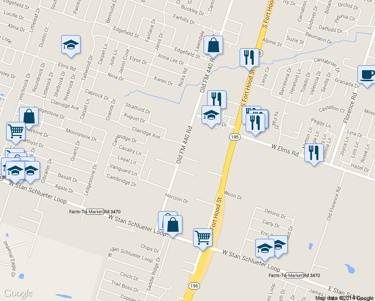 map of restaurants, bars, coffee shops, grocery stores, and more near 1107 Shanarae Circle in Killeen