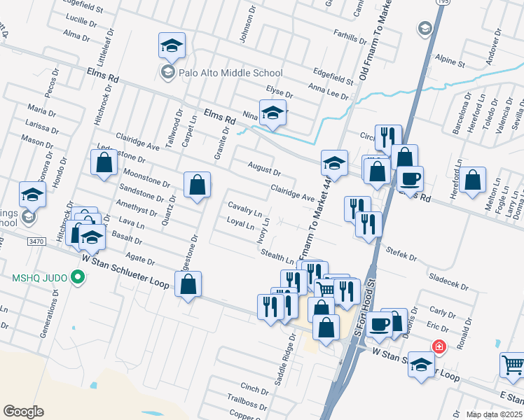map of restaurants, bars, coffee shops, grocery stores, and more near 1203 Loyal Lane in Killeen
