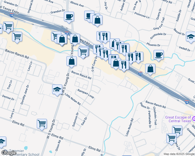 map of restaurants, bars, coffee shops, grocery stores, and more near 2707 Bacon Ranch Road in Killeen