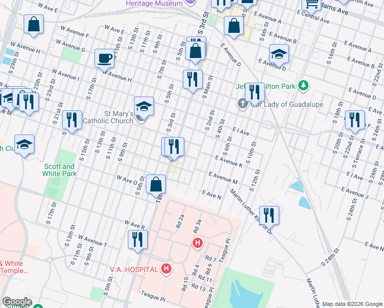 map of restaurants, bars, coffee shops, grocery stores, and more near 1207 South Main Street in Temple