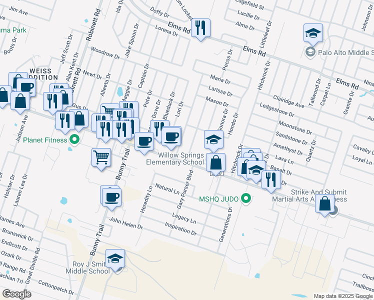 map of restaurants, bars, coffee shops, grocery stores, and more near 4609 Wade Drive in Killeen