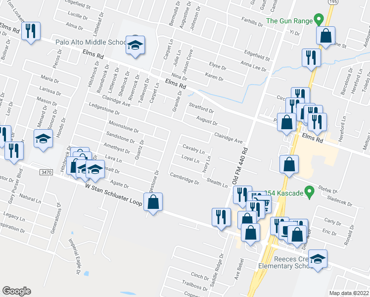 map of restaurants, bars, coffee shops, grocery stores, and more near 1306 Cavalry Lane in Killeen