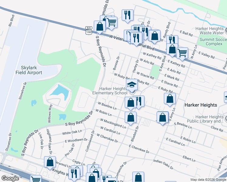 map of restaurants, bars, coffee shops, grocery stores, and more near 212 West Bobwhite Lane in Harker Heights