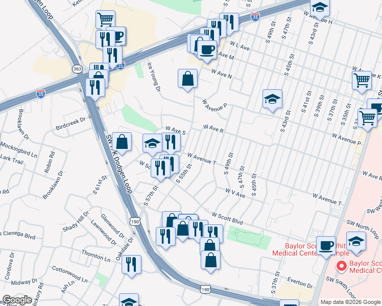 map of restaurants, bars, coffee shops, grocery stores, and more near 2028 South 55th Street in Temple