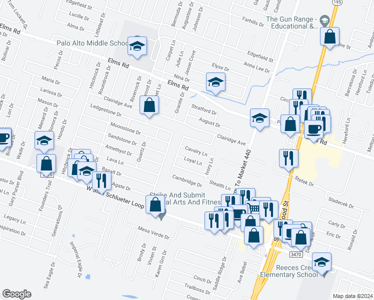 map of restaurants, bars, coffee shops, grocery stores, and more near 1304 Loyal Lane in Killeen